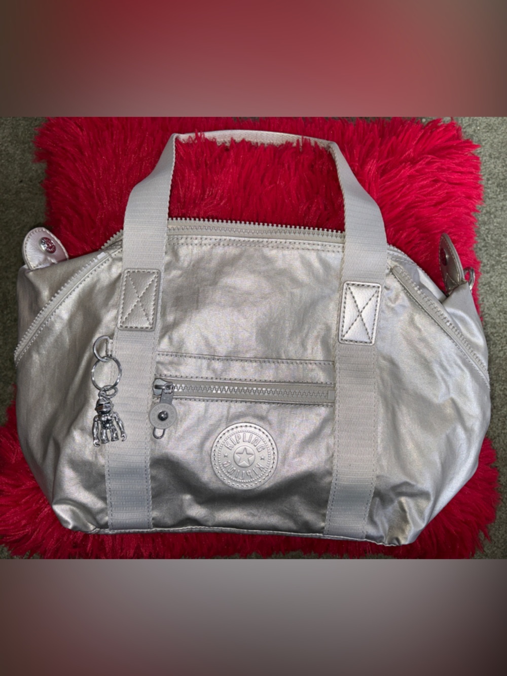 Kipling Shiny Metallic Silver Mini Satchel Bag Monkey Keychain - Picture 6 of 7